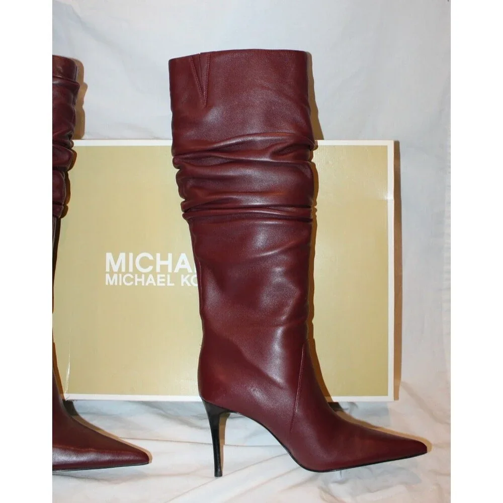 Michael Kors Dawn Tall Ruched Leather Heeled Boots Oxblood NEW $300 SZ 7 M